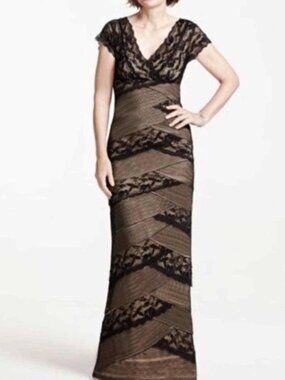 Marina Long Gown Sz 12 Womans Black Tan Lace Beaded Stretch V-neck Short Sleeve